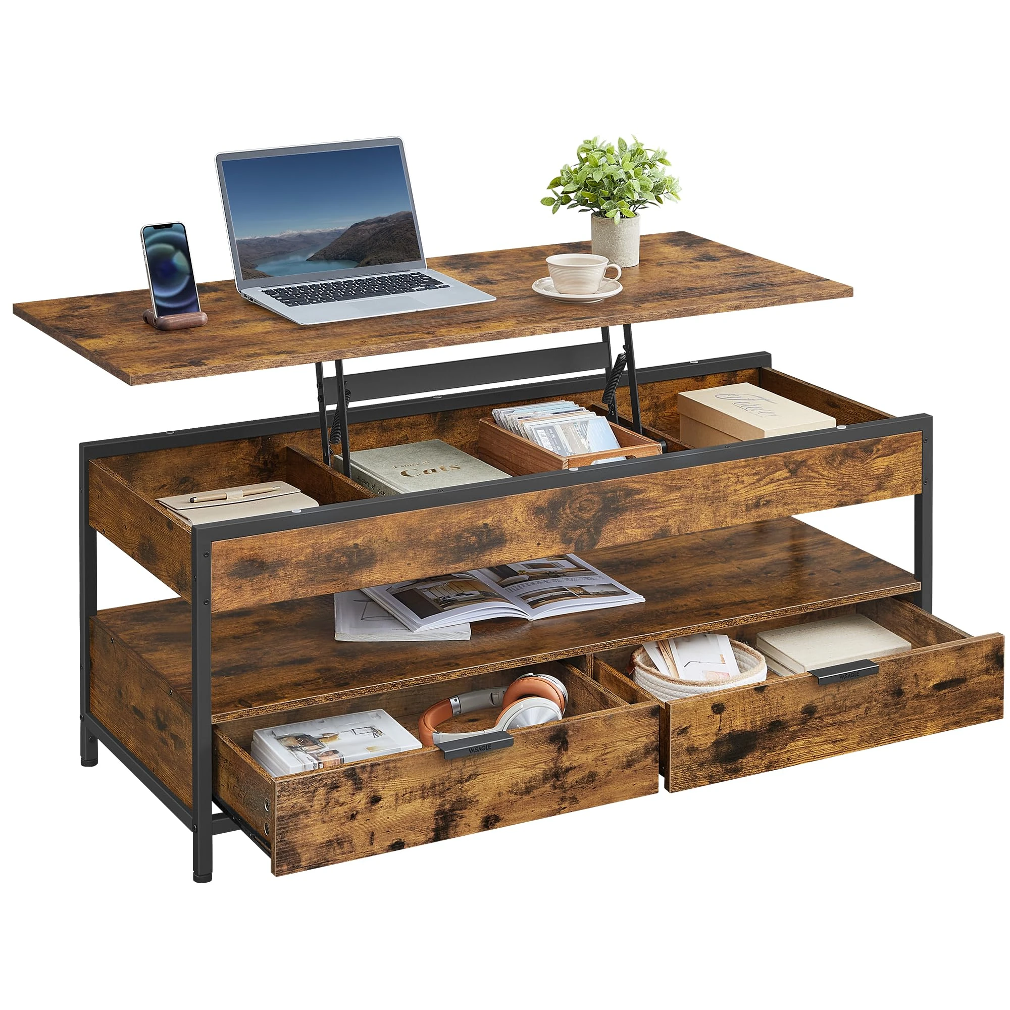 VASAGLE Lift Top Coffee Table, Living Room Table, with Storage Drawers, Hidden Compartments, and Open Shelf, 50 x 120 cm, Rustic Brown and Ink Black LCT252K01