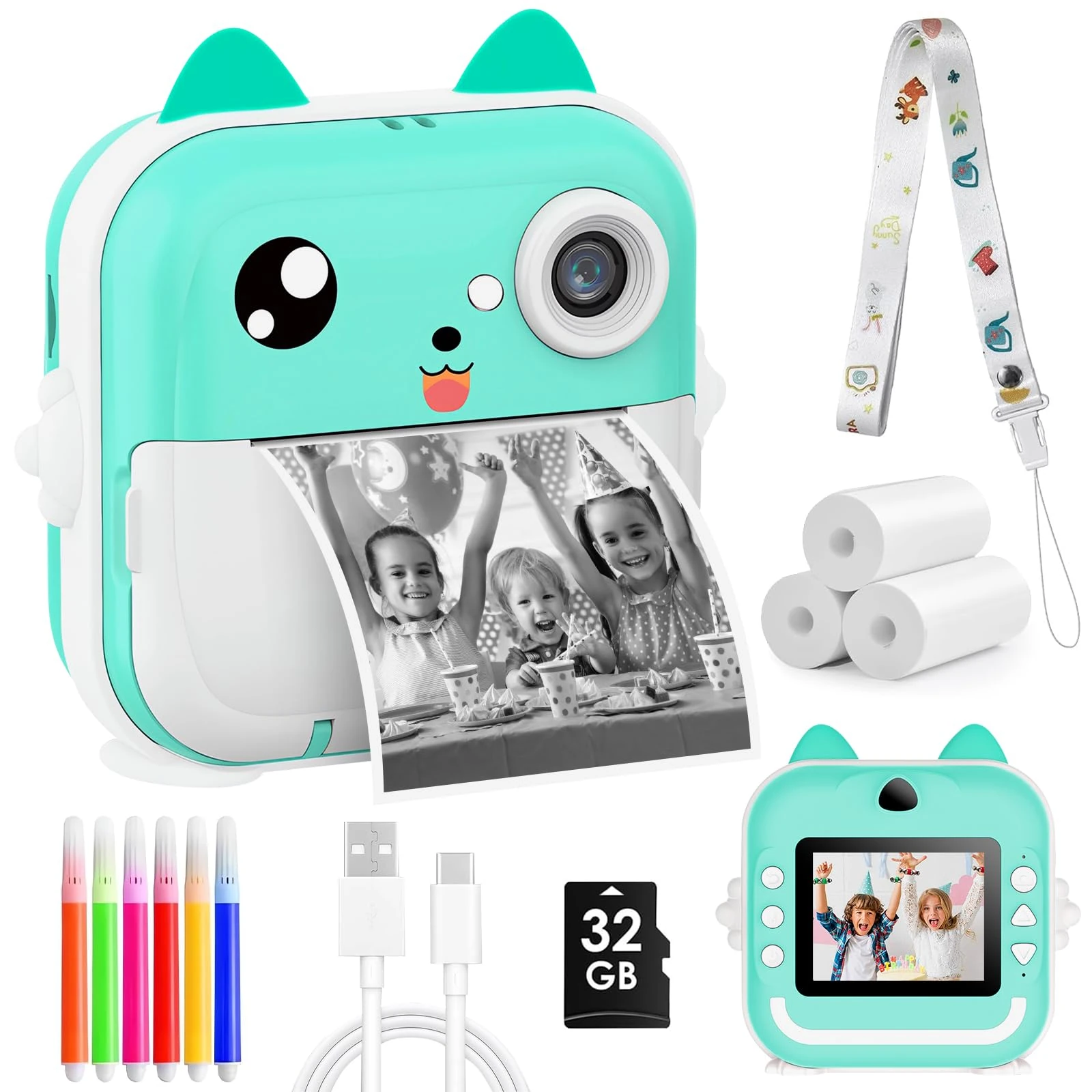 WenYa Kids Camera Instant Print, 2.4'' 1080P HD Instant Kids Digital Camera with Print Paper & 32GB Card for Boys & Girls Age 3-12