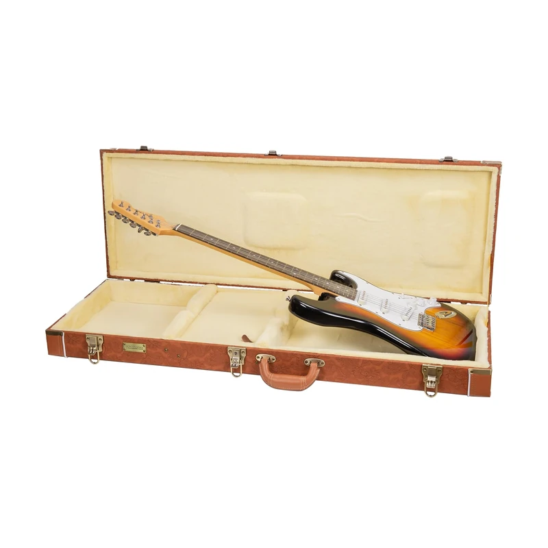 Crossrock Relief Series Rectangular Electric Guitar Case for Stratocaster & Telecaster | Carved Red Wood Finish, Ivory Plush Interior, Lock – Premium Wooden Hardshell - Redwood (CRW630ERO)