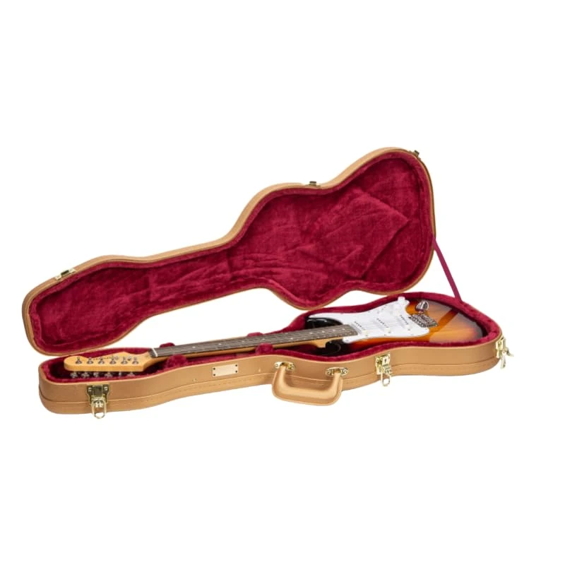 Crossrock Contoured Wooden Electric Guitar Case for Stratocaster & Telecaster | Luxury Gold Faux Leather, Burgundy Velvet Interior, Lock – Designer Series -Luxury Gold (CRW520STLG)