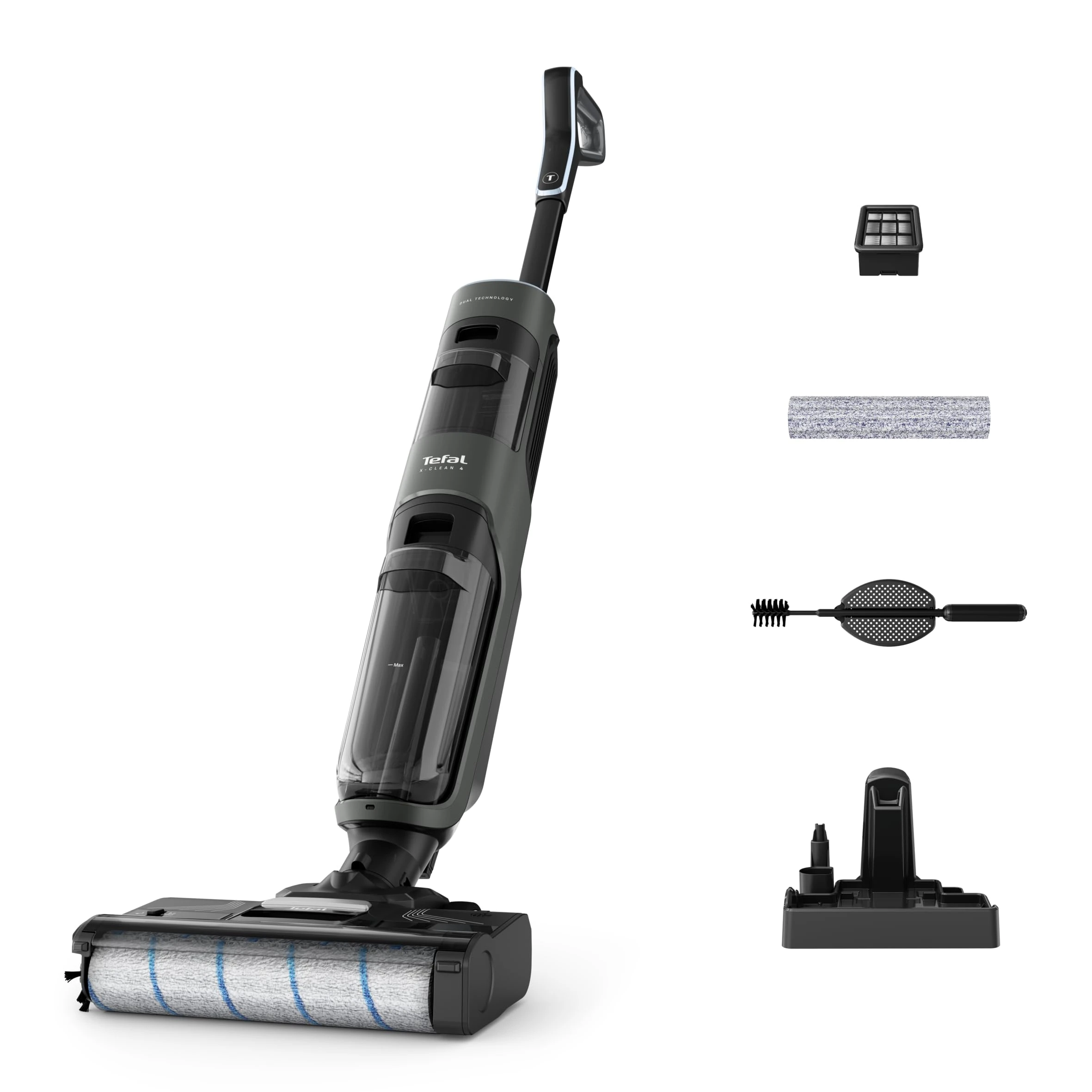 Tefal X-CLEAN 4 Cordless Wet & Dry Vacuum Mop – Hard Floor Cleaner with Self-Cleaning, Smart Sensor, Self-Propelled Brush-Roll, 50 Min Battery, Lightweight Design, Grey GF5035M0