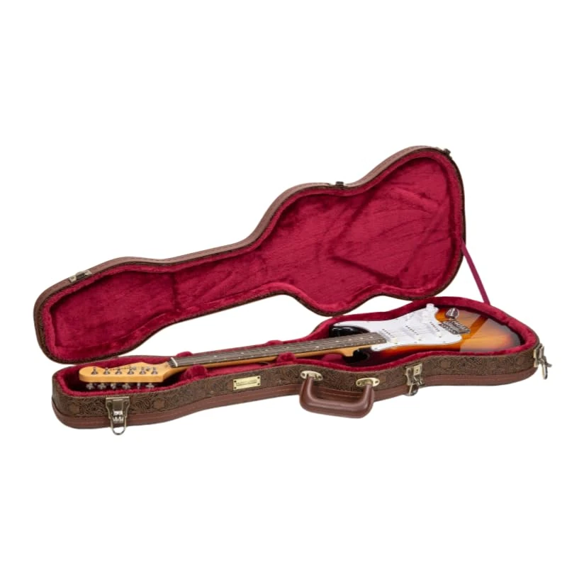 Crossrock Contoured Wooden Electric Guitar Case for Fender Stratocaster & Telecaster | Blossom Brown Finish,Burgundy Velvet Interior, Lock – Designer Series -Blossom Brown (CRW530STBQ)