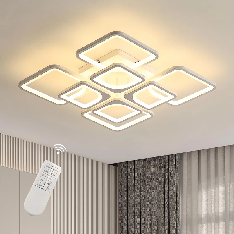 Riserva Dimmable Ceiling Light LED with Remote Control, 80W White Ceiling Lamp Modern, 3000K-6500K, Chandelier Square for Bedroom, Living Room, Dining Room, Kitchen, Office