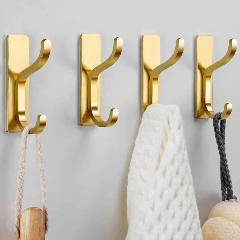 pickpiff Gold Self Adhesive Hooks for Hanging - Heavy Duty Stick On (Holds 6KG), Wall Door Hooks for Towel, Coats, Bags, Purse, Keys - for Bathroom, Kitchen - Stainless, Metal, 4 Pack