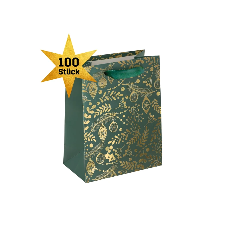 SIGEL GT119 Medium Premium Paper Gift Bags, Set of 100, Large Pack, 18 x 23 cm, Green, Gold, Paper Gift Bags Christmas