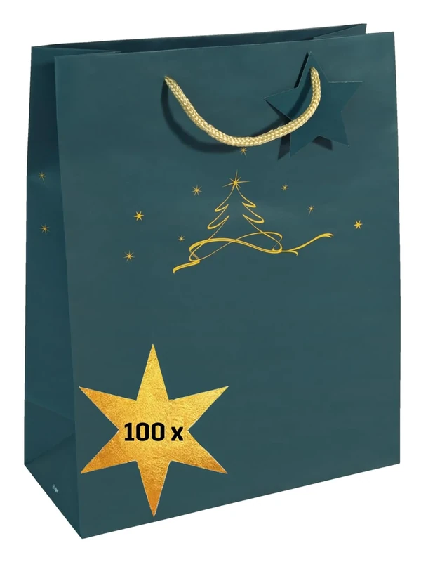 Sigel GT034/100 Large Paper Gift Bags 33 x 26 cm, Set of 100, Petrol Blue, Christmas Tree, Paper Gift Bags Christmas