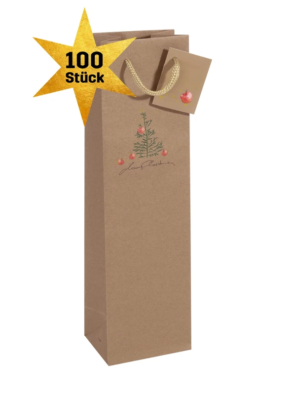 SIGEL GT042/100 Kraft Paper Bottle Gift Bags, Set of 100, Large Pack, 35 x 10 cm, Brown, Christmas with Apples - Image 1