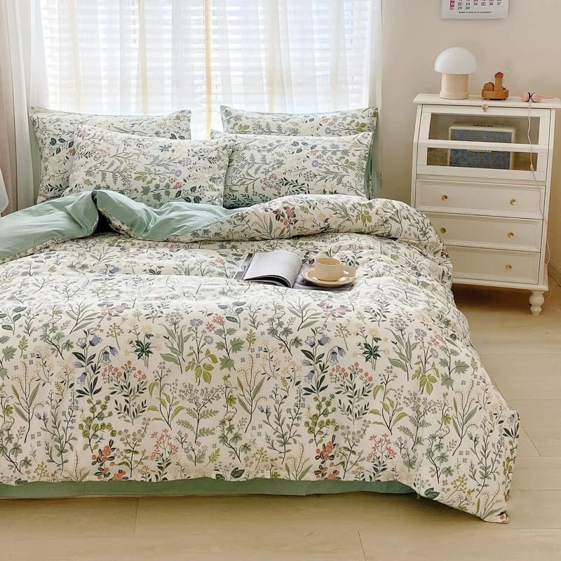 VM VOUGEMARKET Green Flower Botanical Duvet Cover Set Queen