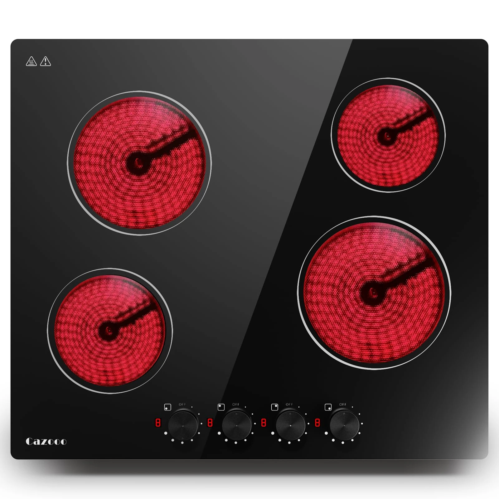 Cazooo Ceramic Hob 4 Zones, Built-in Electric Hob 60cm with Knob Controls, Electric Ceramic Hob 4 Burners with 8 Power Levels, Over Protection, Residual Heat Indicator, 6000W, Hard Wired, Black