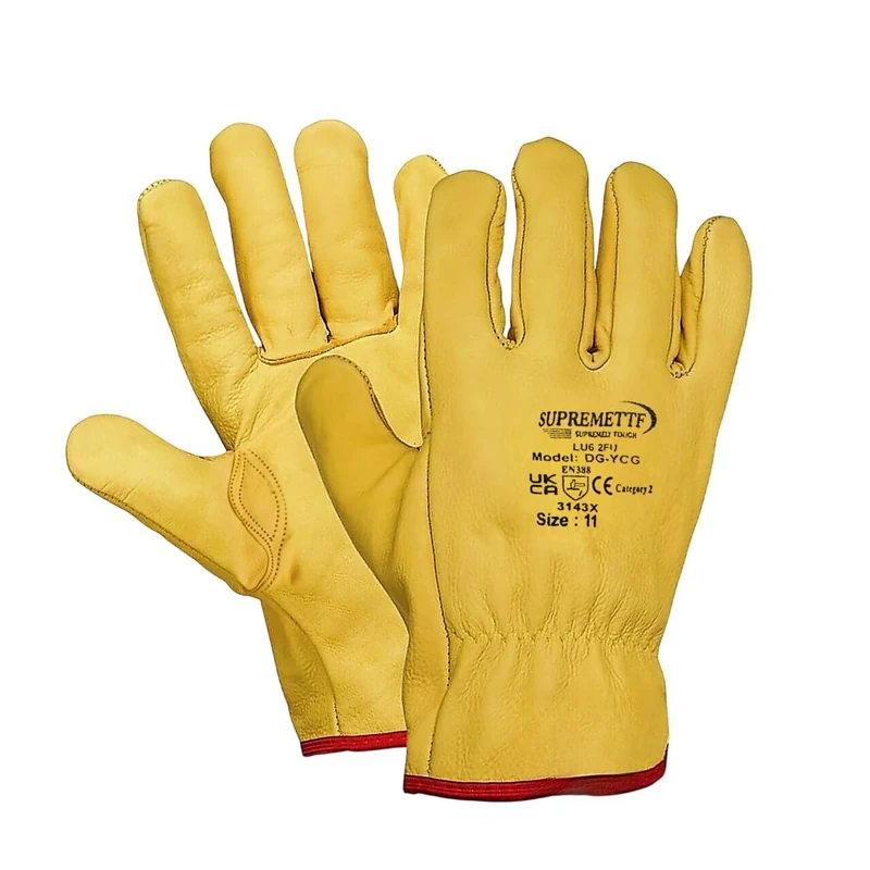 SupremeTTF 5 Pairs Yellow Leather Gloves HGV Drivers Hand Safety Fleece Lined Lorry Driving Work Glove (3XL)