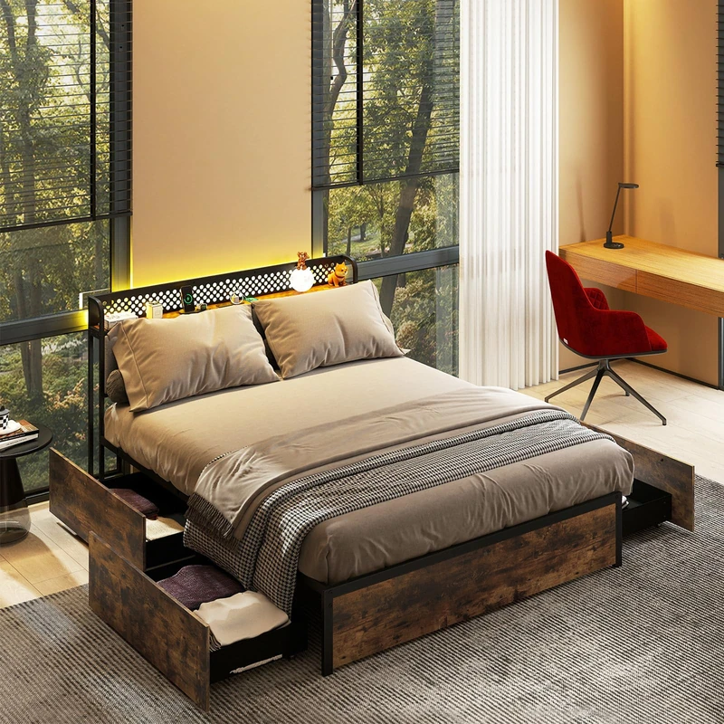 RELAX4LIFE Double/King Size Bed Frame with LED Lights, Charging Station, 4 Underbed Drawers & Headboard, 4FT6/5FT Industrial Platform Bed Base, Metal Slats Support Mattress Foundation (220x157x100cm)
