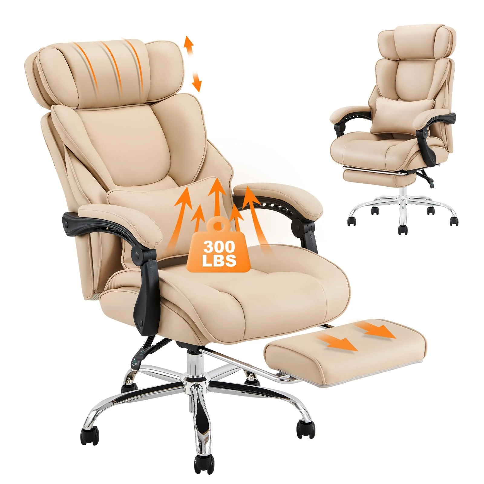 COLAMY Office Chair with Retractable Footrest, Ergonomic High Back Design Executive Computer Desk Chair with Removable Lumbar Pillow, 90-135°Reclining, Thick Bonded Leather for Home Office Work, Khaki