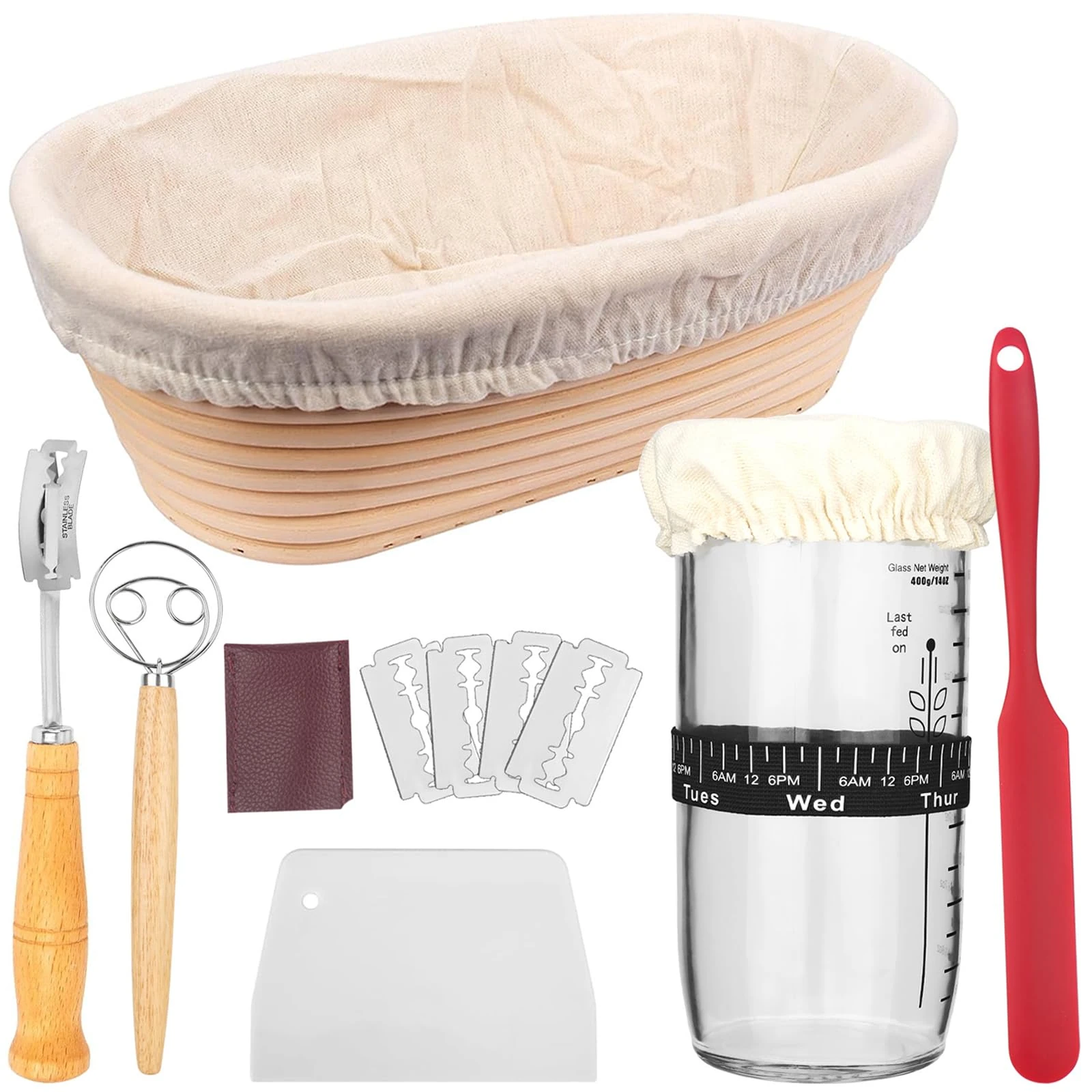 CTDMJ 10 Inch Bread Proofing Basket Set, 24 oz Glass Sourdough Starter Jar Kit, 100% Natural Bread Banneton Proofing Basket with Dough Whisk, Linen Liner Cloth, Dough Scraper, Bread Lame, Blades