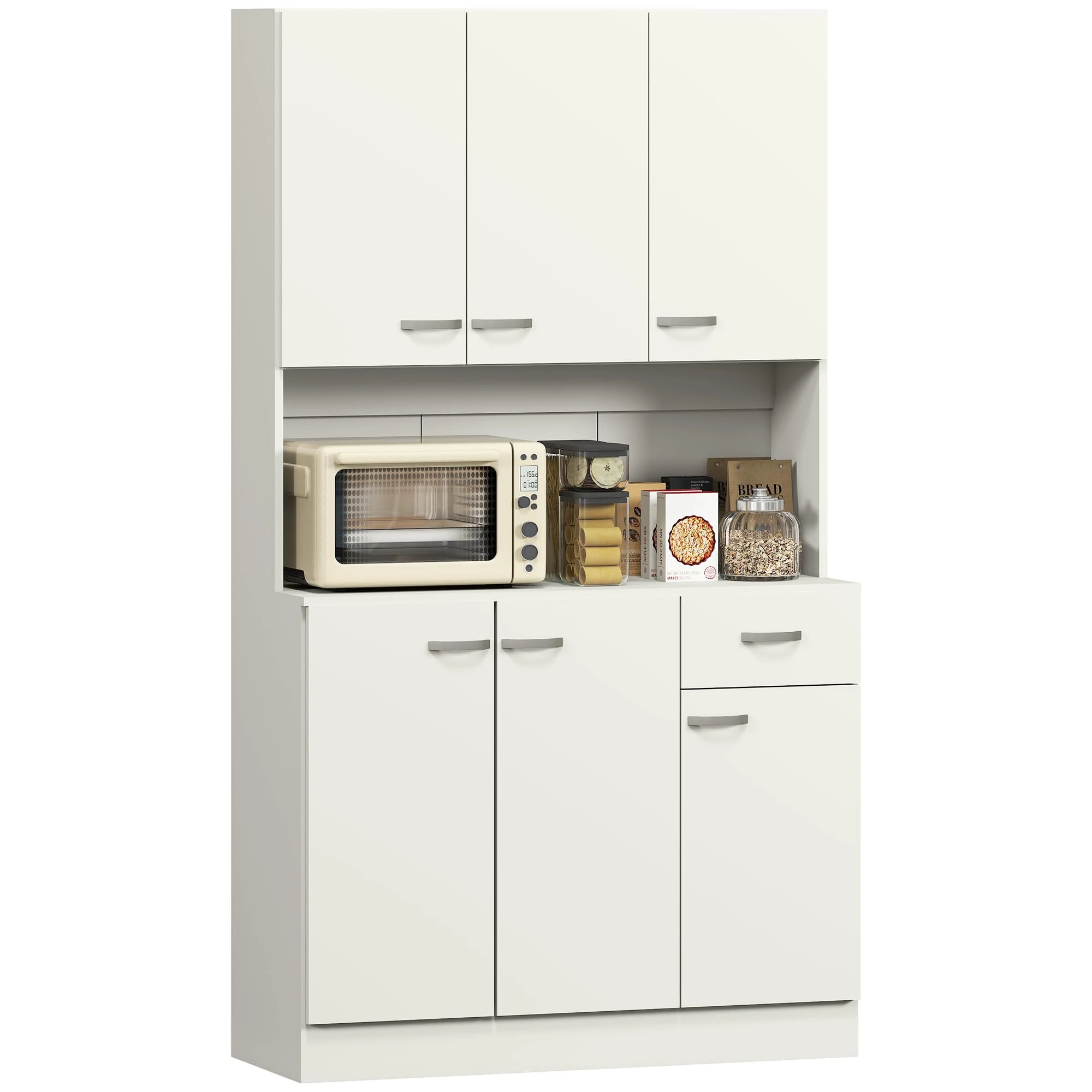 HOMCOM Kitchen Cupboard, Freestanding Kitchen Storage Cabinet with 6 Doors, Drawer, Adjustable Shelves and Open Countertop for Dining Room, Cream White