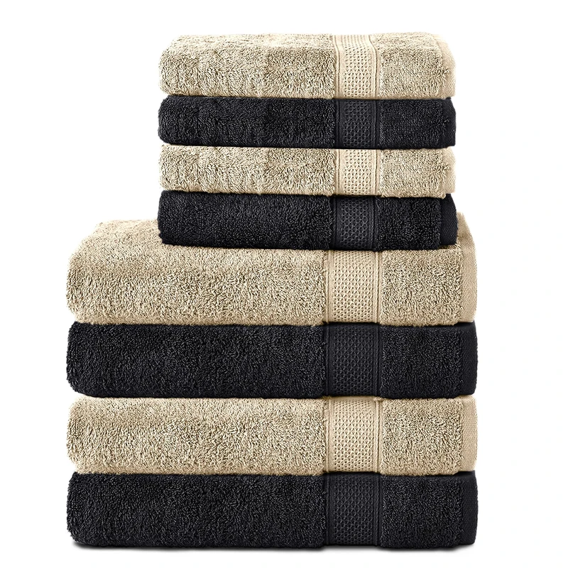 Komfortec Set of 8 Hand Towels 100% Cotton, 4 Bath Towels 70 x 140 cm and 4 Hand Towels 50 x 100 cm, Terry Towelling, Soft, Towel, Large, Black/Beige