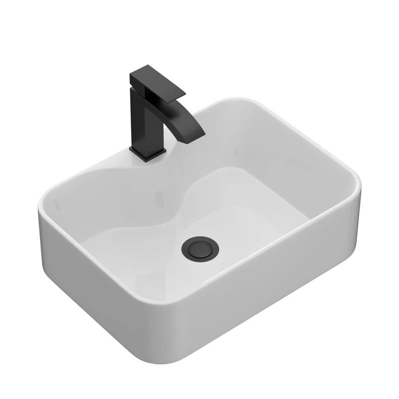 Lordear Bathroom Vessel Sink 19"x15" Rectangle Sink Above Counter White Porcelain Ceramic Modern Vanity Sinks Art Basin with Faucet Hole Black Faucet and Black Pop-Up Drain for Bathroom