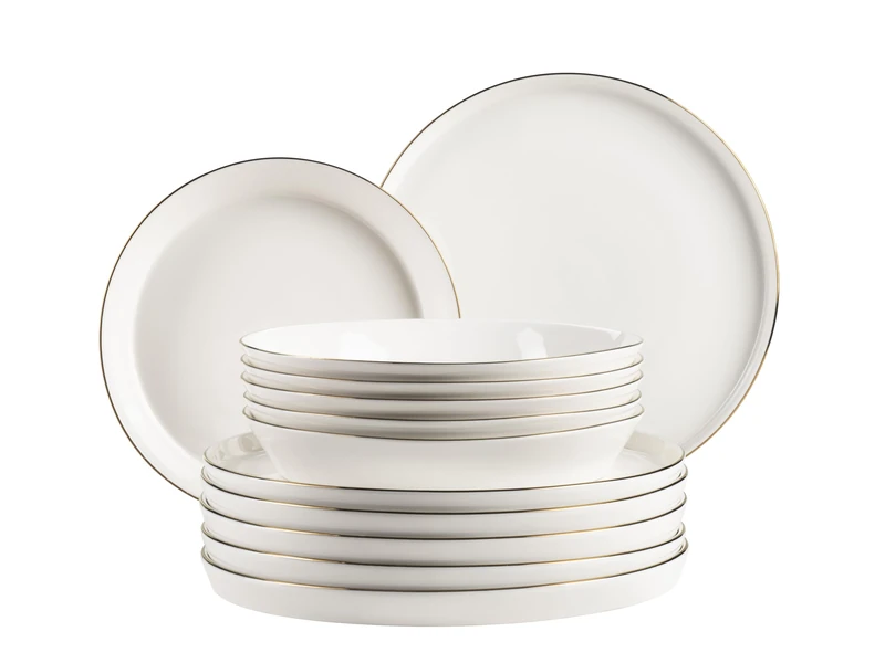 MÄSER, Sita Series Plate Set for 6 People, Dinnerware Made of White Porcelain with Gold Rim, Simple, Elegant, Porcelain, White