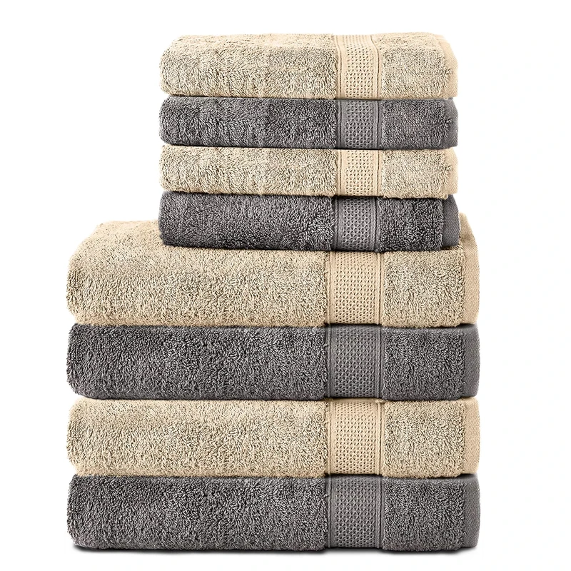 Komfortec Set of 8 Hand Towels 100% Cotton, 4 Bath Towels 70 x 140 cm and 4 Hand Towels 50 x 100 cm, Terry Towelling, Soft, Towel, Large, Anthracite/Beige