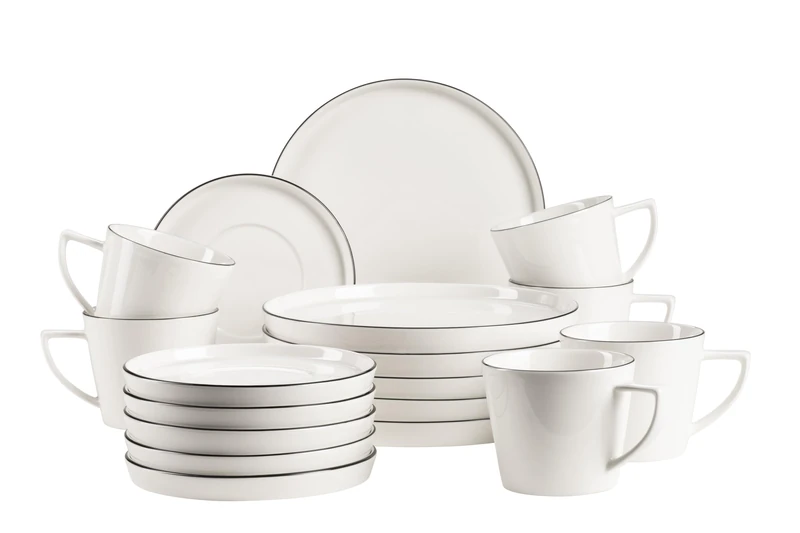 MÄSER, Series Sita, Plate Set for 6 People, Dinnerware Made of White Porcelain with Black Rim, Simple, Elgeant, Porcelain, White