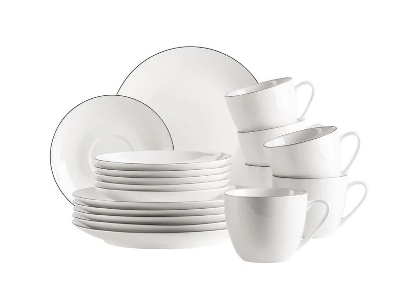 MÄSER Felise Series Elegant Coffee Tableware for 6 People, Timeless, with Black Rim, Porcelain, White