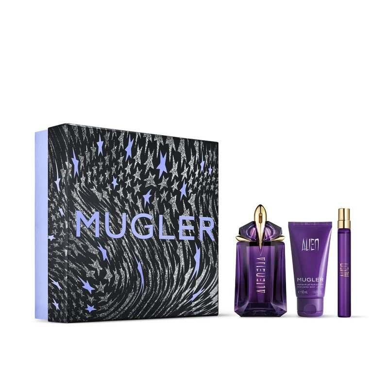 MUGLER Alien Eau de Parfum, Women's Perfume Set, Ambery Woody Floral Scent, Refillable Full Size 60ml Fragrance, Body Lotion & Shower Gel 50ml, Purse Spray 10ml