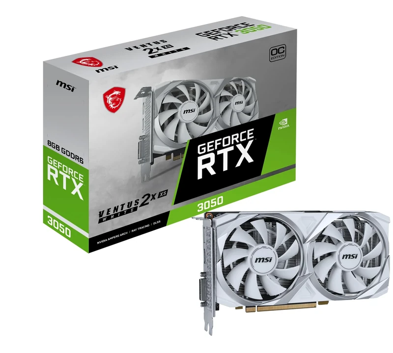 MSI GeForce RTX 3050 VENTUS 2X XS WHITE 8G OC Gaming Graphics Card - 8GB GDDR6, 1807 MHz, PCI Express Gen 4, 128-bit, 1x DP (v1.4a), 1x HDMI 2.1 (Supports 4K)