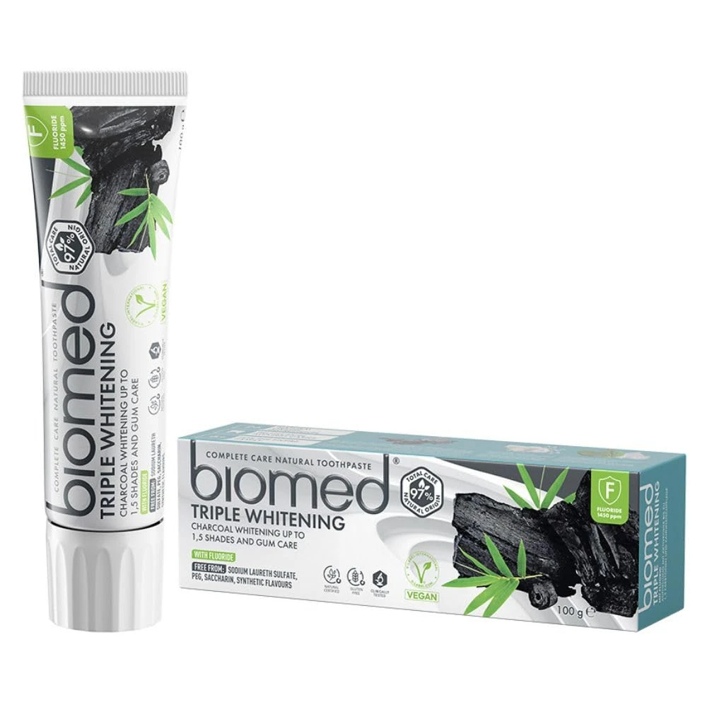 Biomed 97% Natural Triple Charcoal Whitening Toothpaste | Gum Care, Bamboo Charcoal | Vegan, SLES Free, with FLOURIDE 100g