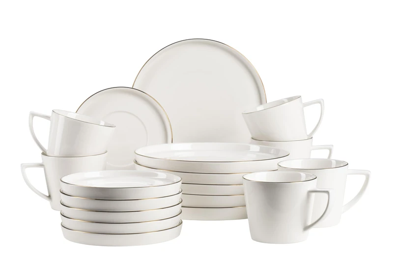 MÄSER, Sita Series Plate Set for 6 People, Dinnerware Made of White Porcelain with Gold Rim, Simple, Elegant, Porcelain, White