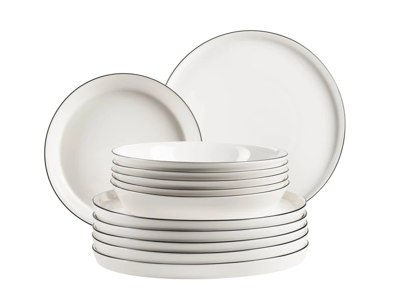 MÄSER, Series Sita, Plate Set for 6 People, Dinnerware Made of White Porcelain with Black Rim, Simple, Elgeant, Porcelain, White - Image 1