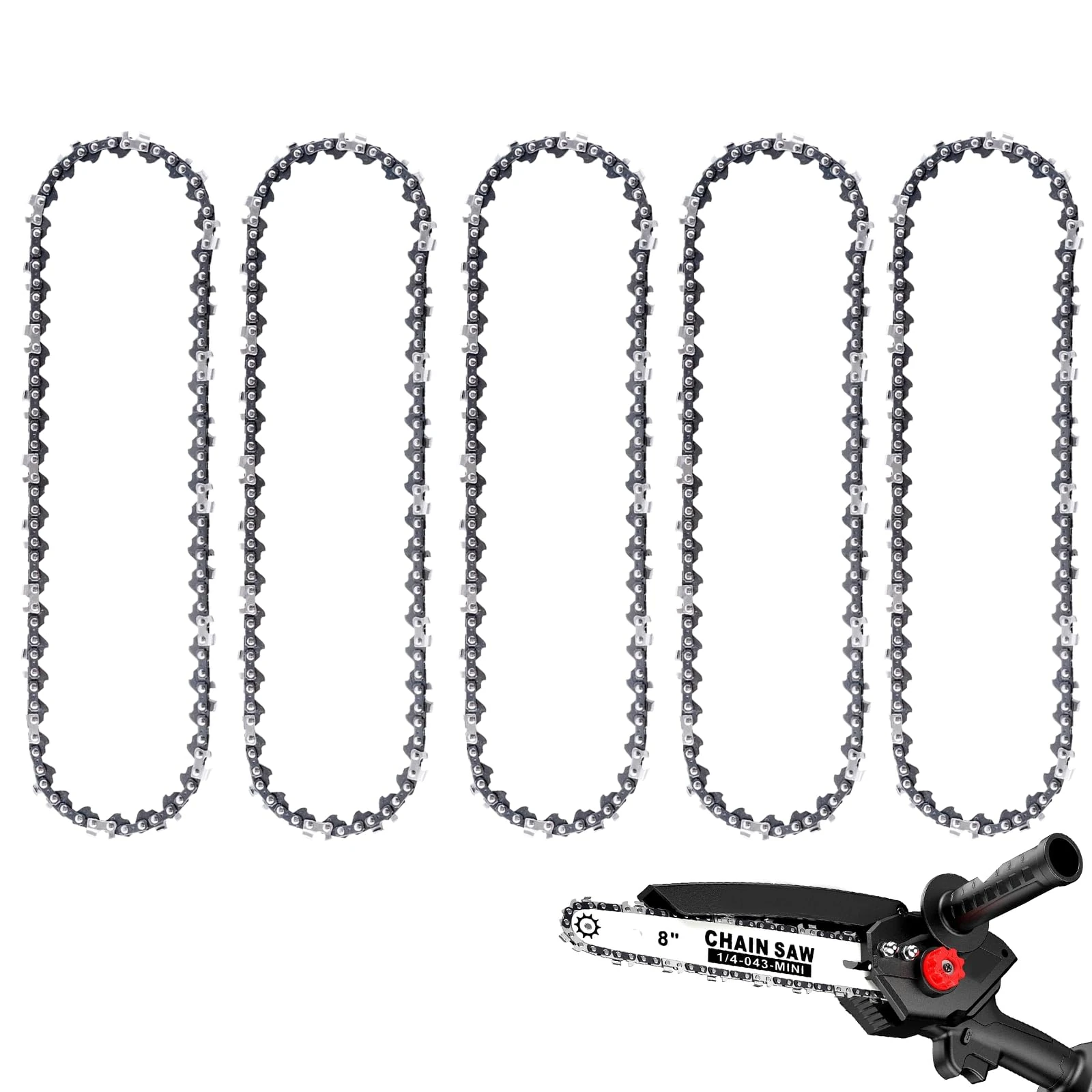 WIRSHO 5 PCS 8 inch Chainsaw Chain | .043" (1.1 mm) Gauge | 1/4" LP Pitch | 48 Drive Links | for 8" (20cm) Bar | 8 Inch Replacement mini Saw Chains for Cordless Electric Handheld Powered Chainsaw