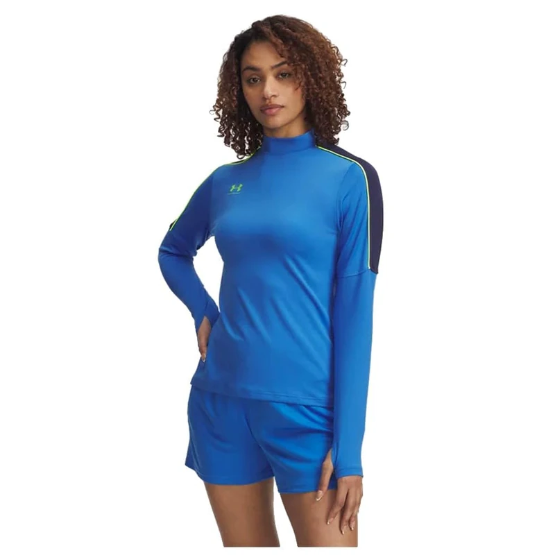 Under Armour Women's Challenger Midlayer, Soft and Comfortable Long-Sleeved Top with Thumbholes, Women's Sports Top Layer for Training and Workouts,Blue Atlantis / / High Vis Yellow,LG - Image 1