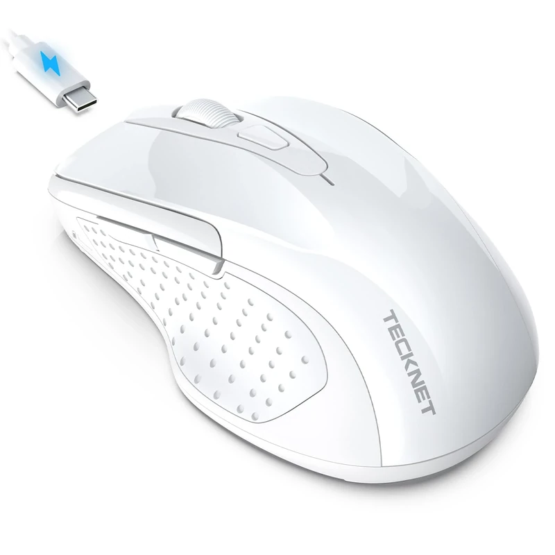 TECKNET Bluetooth Mouse Jiggler, Rechargeable Wireless Mouse (BT 5.0/3.0+2.4G) with Build-in Jiggler Mover Keeps Computer Awake, 4800 DPI Silent Ergonomic 6 Buttons Mouse for Laptop, White