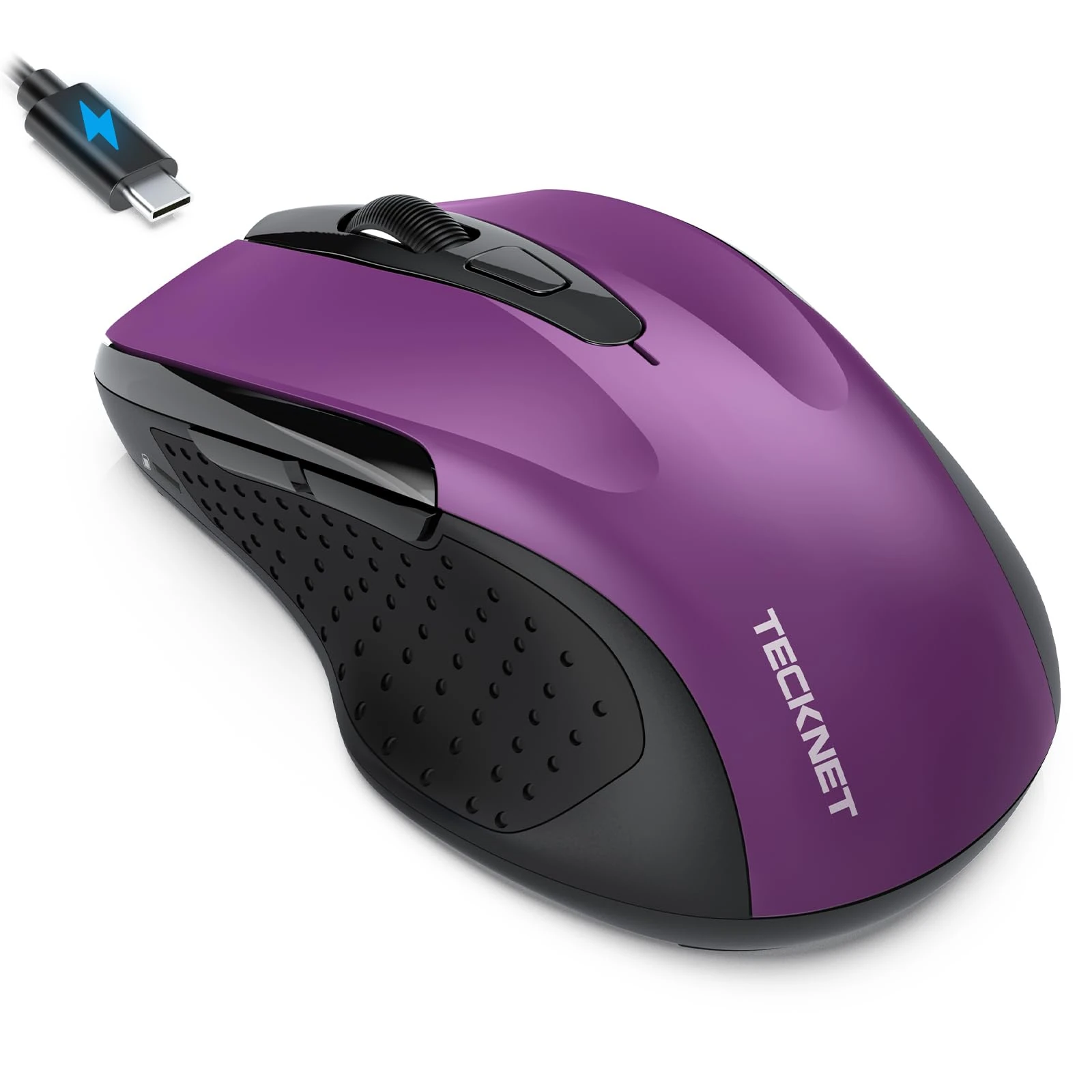 TECKNET Bluetooth Mouse Jiggler, Rechargeable Wireless Mouse (BT 5.0/3.0+2.4G) with Build-in Jiggler Mover Keeps Computer Awake, 4800 DPI Silent Ergonomic 6 Buttons Mouse for Laptop, Purple