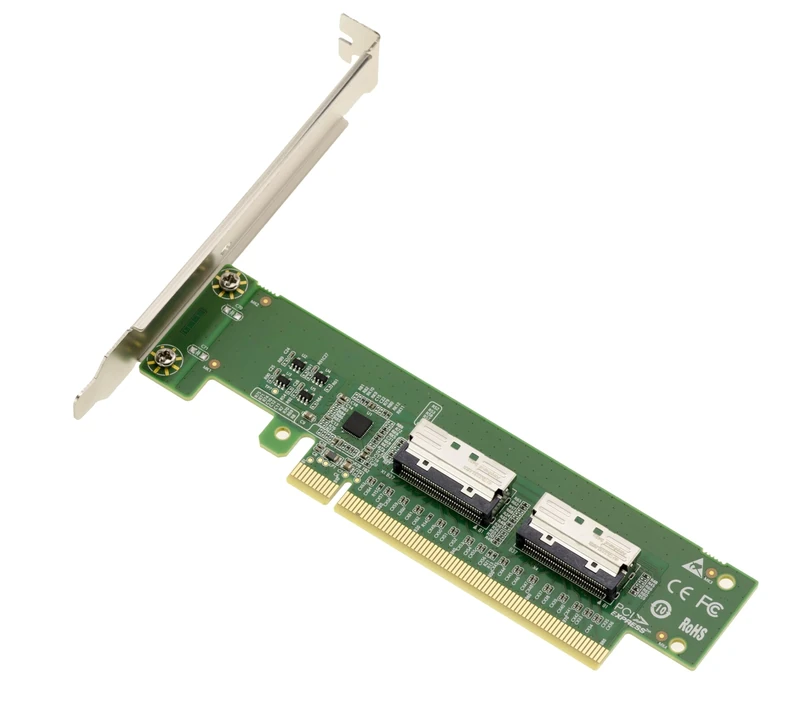 KALEA-INFORMATIQUE MCIO 8i PCIe 5.0 to 2 Port Adapter Controller Card for NVMe M2 M3 U2 U3 SSD or PCIe Plates
