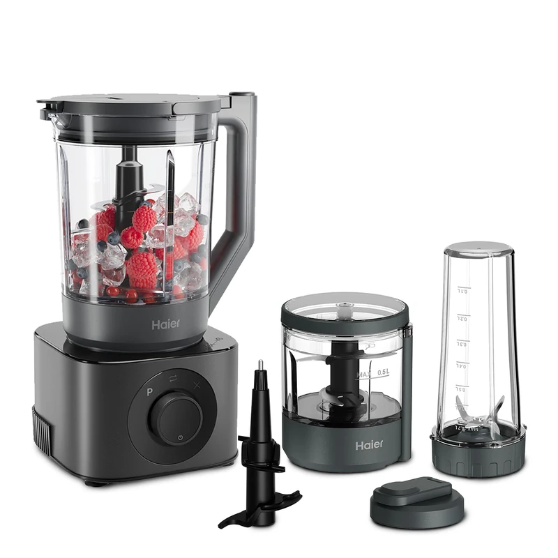Haier Series 7 Kitchen Machine Food Blender, 6 Automatic Programs: Chop, Blend, Ice Crush, Cream, Knead & PreClean, 10 Speeds, Pulse, Includes Jug, Chopper Bowl & Travel Jug, 1200W [Grey]