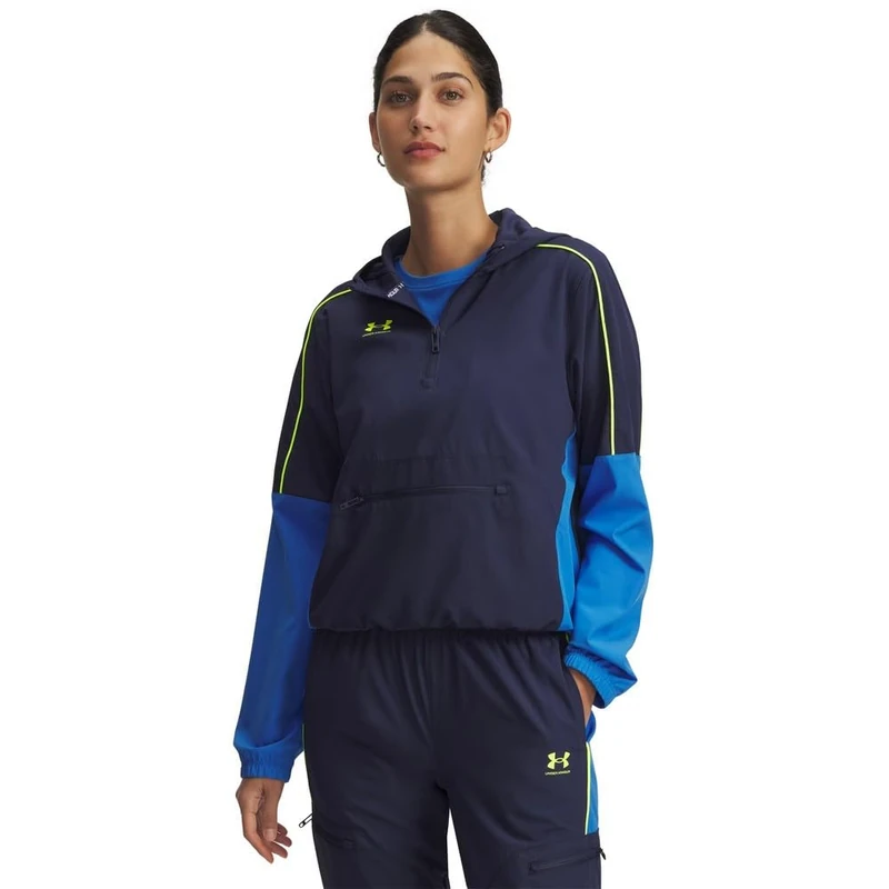 Under Armour Women's Challenger Anorak, Ladies' Jacket with Half-Zip Front, Water-Repellent Women's Anorak for Training and Outdoor Wear,Washed Navy / / High Vis Yellow,SM