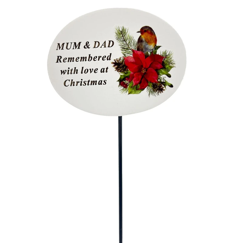 Angraves Mum and Dad Christmas Xmas Robin Poinsettia Flower Memorial Tribute Stick Graveside Plaque - Image 1