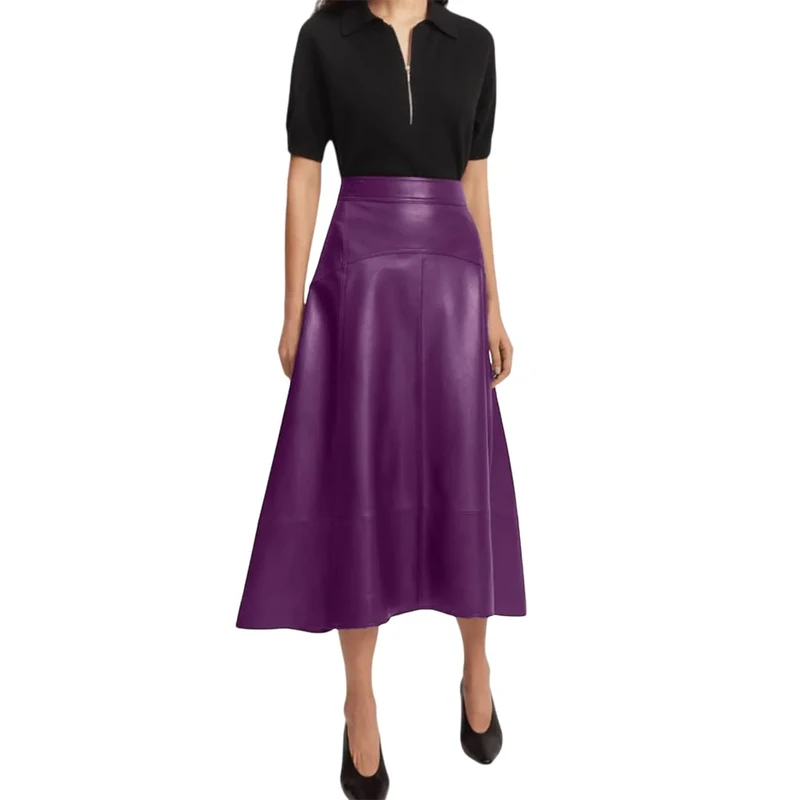 Jild Real Lambskin Leather Skirts for Women High Waist Classical Mid Length Going Out Skirt with Stylish Patchwork, Purple, S