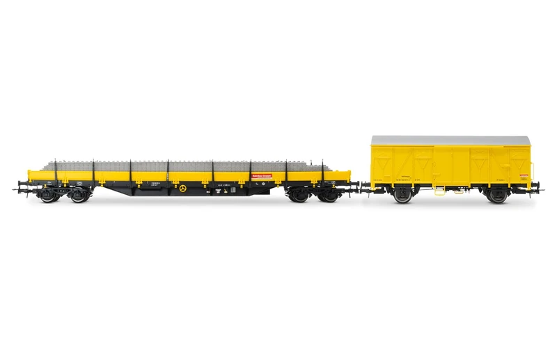 Rivarossi HR6647 DB Bahnbau, 2-unit pack maintenance wagons, Res loaded with sleepers + Gs, yellow livery, ep. V-VI, Wagon rolling stock
