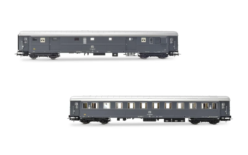 Rivarossi HR4366 FS, 2-unit pack, Dz 83000 luggage van for bicycles transport + Type 1946 Bz 33010 2nd class, grey livery, ep. IVb, Coach rolling stock