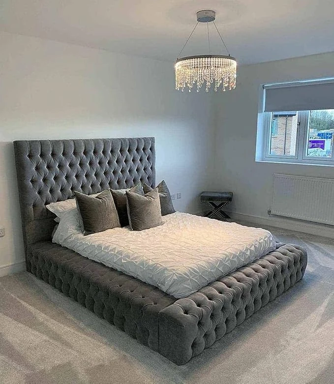 Beds & Co Grey Plush Velvet Upholstered Regal Ambassador Bed Frame and Headboard - Mattress - Hand Made in the UK (Steel-Plush Velvet, Super King Without Mattress 6FT)