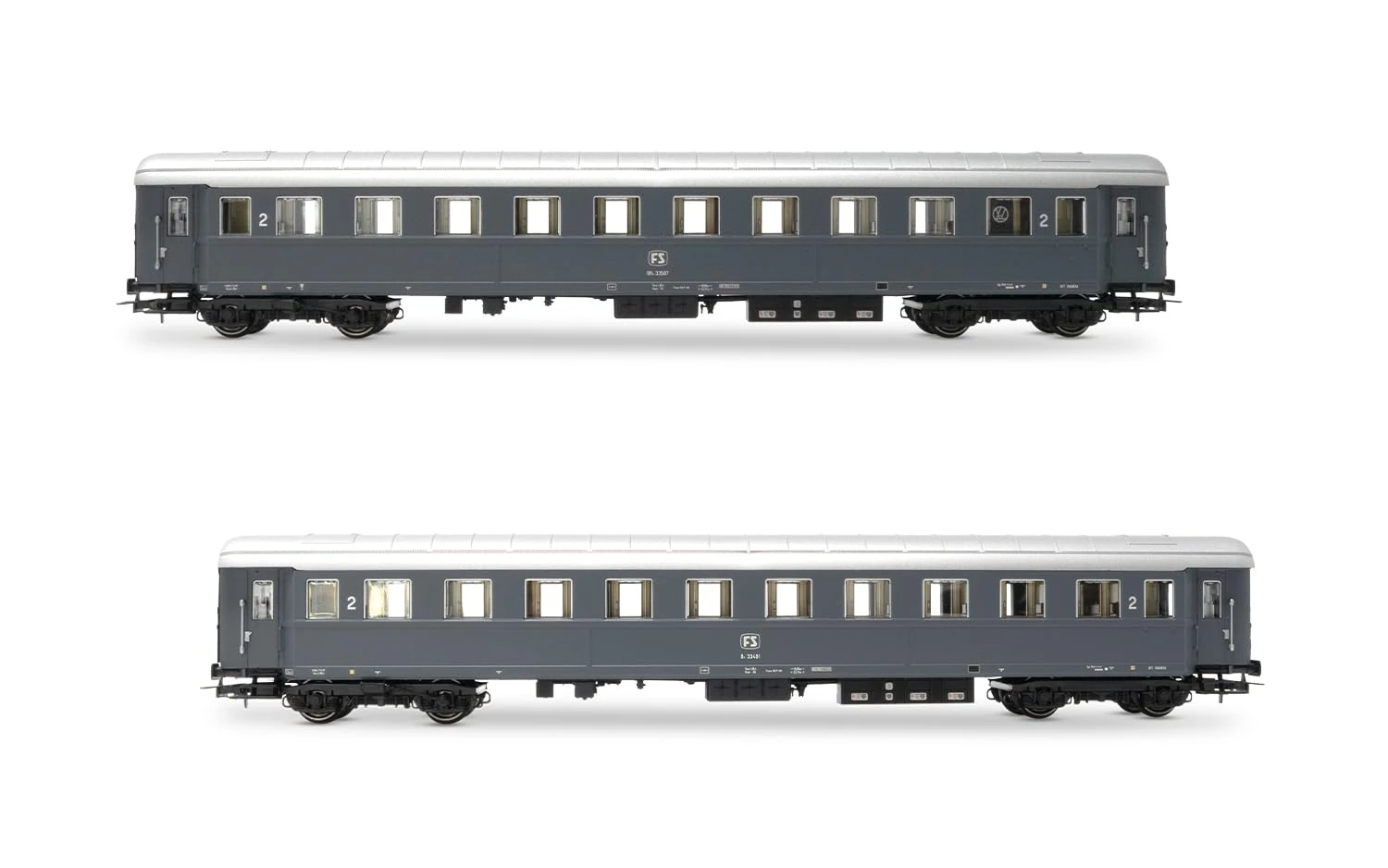 Rivarossi HR4368 FS, 2-unit pack Bz 33010 Type 1946 2nd class, one with ristoro compartment, FS markings, grey livery, ep. IVa, Coach rolling stock