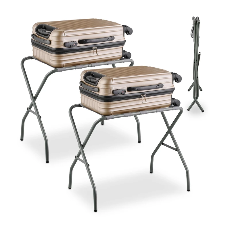 Relaxdays 2x Folding Luggage Rack, Collapsible, HWD: 55 x 67 x 43 cm, Hotel Suitcase Stand, Space-Saving, Steel, Grey