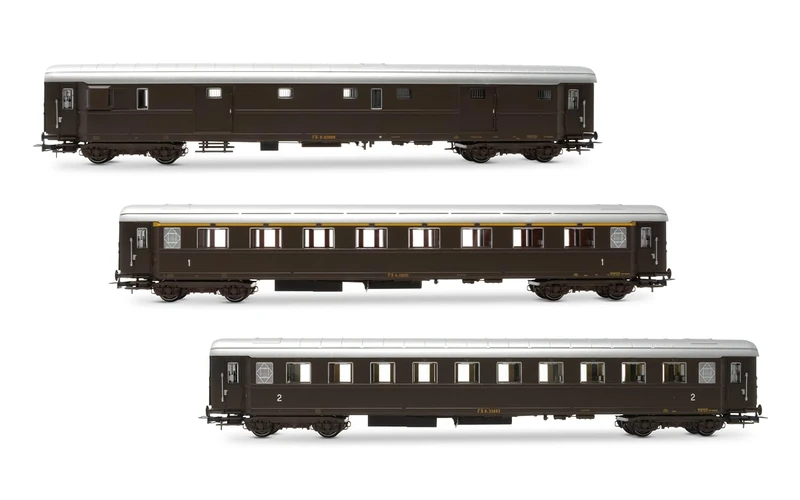 Rivarossi HR4365 FS, 3-unit pack, Dz 83000 luggage van + Az 13010 Type 1946 1st class + Bz33010 Type 1946 2nd class, castano livery, ep. IIIb, Coach rolling stock