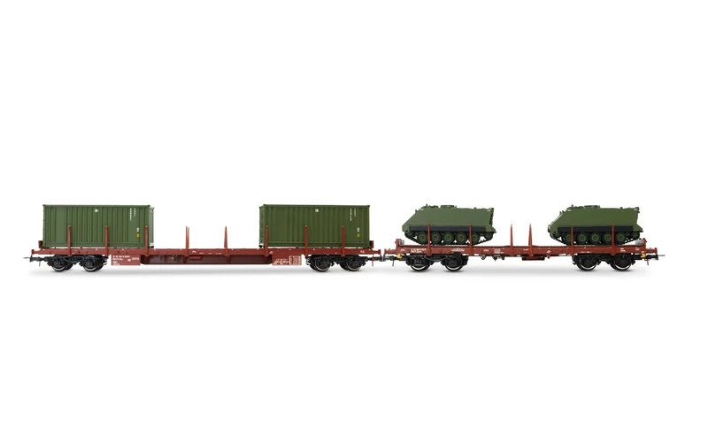 Rivarossi HR6612 FS, 2-unit pack 4-axle flat wagons Rgs + Rgmms, loaded with two 20' containers + two military vehicles M113, ep. IV-V, Wagon rolling stock
