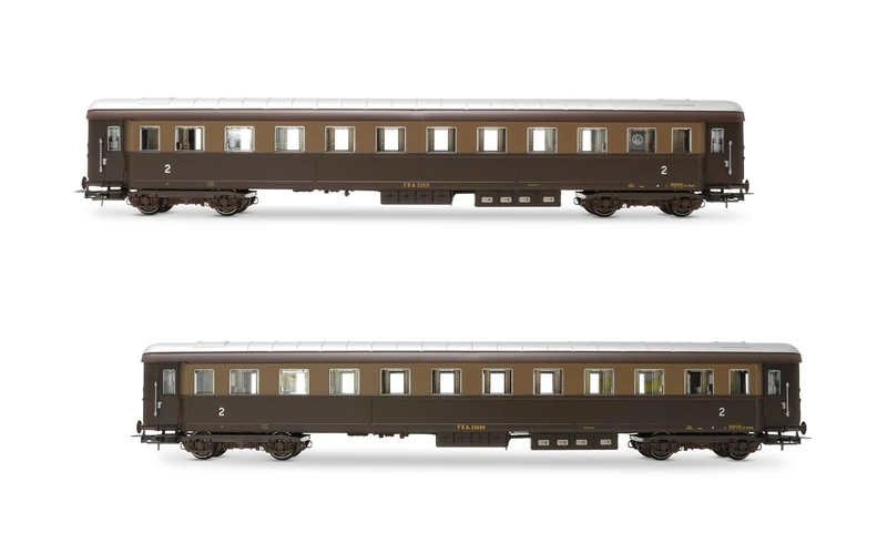 Rivarossi HR4367 FS, 2-unit pack Bz 33010 Type 1946 2nd class, one with ristoro compartment, castano/isabella livery, ep. IIIb, Coach rolling stock