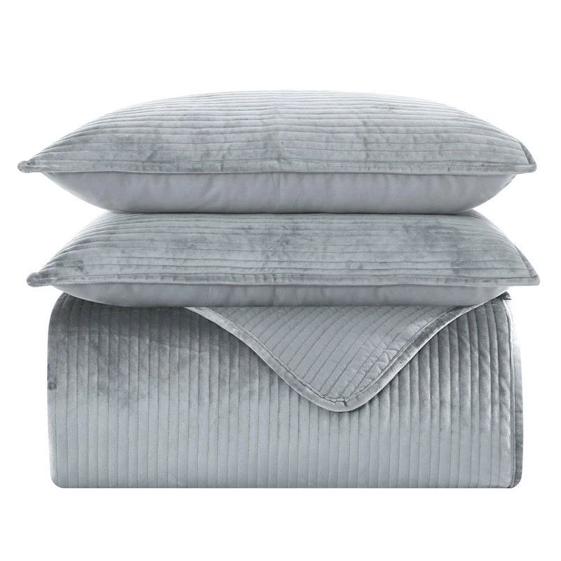 Elegant Comfort Luxury 3-Piece Velvet Corduroy Stripe Quilt Set, Ultra Soft Bedspread - Cozy Velvet Coverlet Set - 3PC Medium Weight Quilted Set with Matching Pillow Shams, Queen, Gray