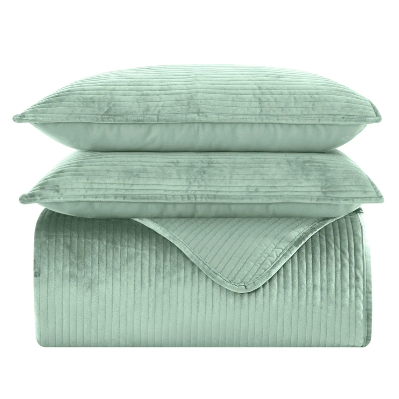 Elegant Comfort Luxury 3-Piece Velvet Corduroy Stripe Quilt Set, Ultra Soft Bedspread - Cozy Velvet Coverlet Set - 3PC Medium Weight Quilted Set with Matching Pillow Shams, Queen, Smoke Green