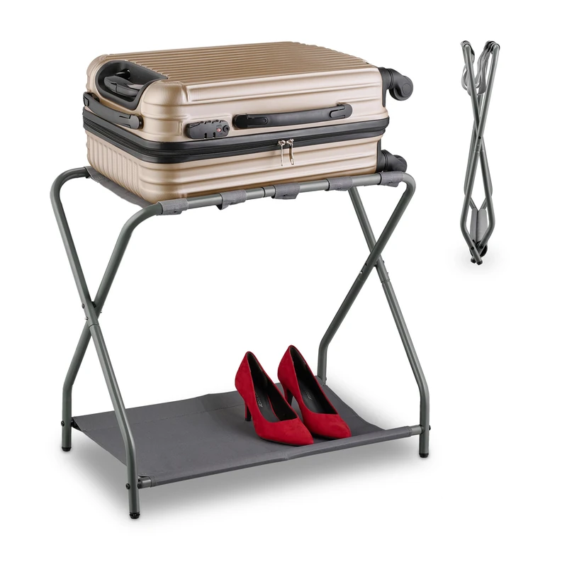 Relaxdays Folding Luggage Rack, Collapsible with Shelf, HWD: 58 x 66 x 38 cm, Hotel Suitcase Stand, Steel, Grey