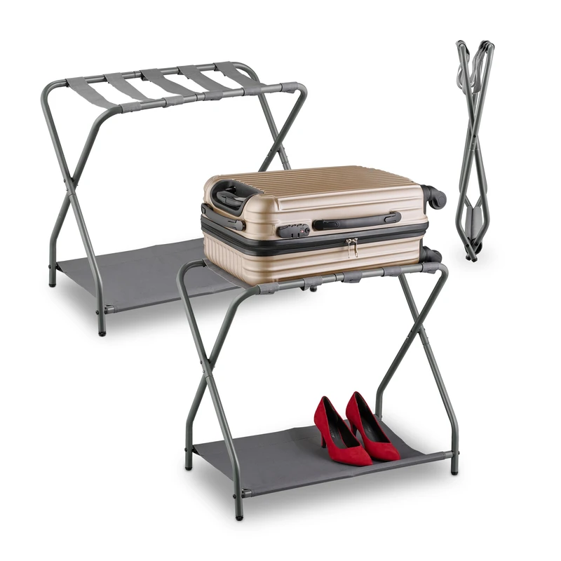 Relaxdays Set of 2 Folding Rack, Collapsible with Shelf, HWD: 58 x 66 x 38 cm, Hotel Luggage Stand, Steel, Grey, 55 x 67 x 43 cm
